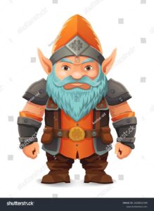 stock vector cartoon fantasy dwarf character with a bright blue beard and armor wearing an orange hat he stands 2629622389